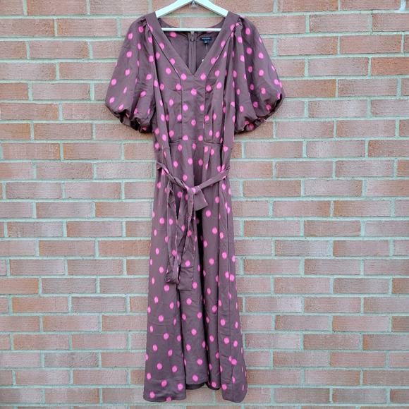 Ann Taylor Dotted Puff Sleeve Belted Flare Dress in Brown Stone Size 14 - Picture 3 of 8